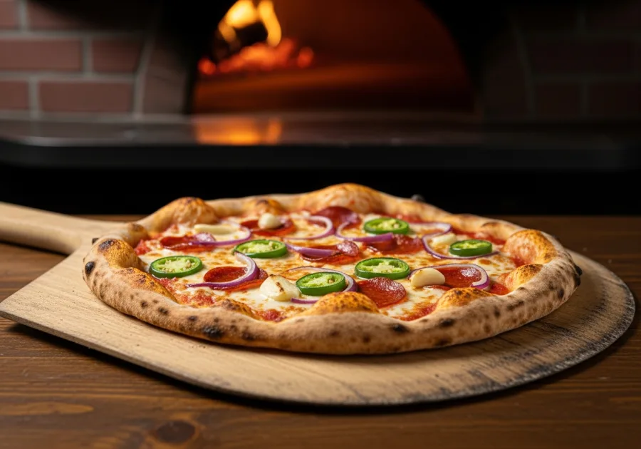 Farmers pizza, wood-fired at Pi-239 Pizza in Los Alamos, NM