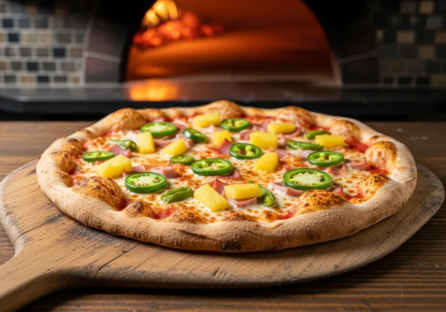 Hot Hawaiian pizza, wood-fired at Pi-239 Pizza in Los Alamos, NM