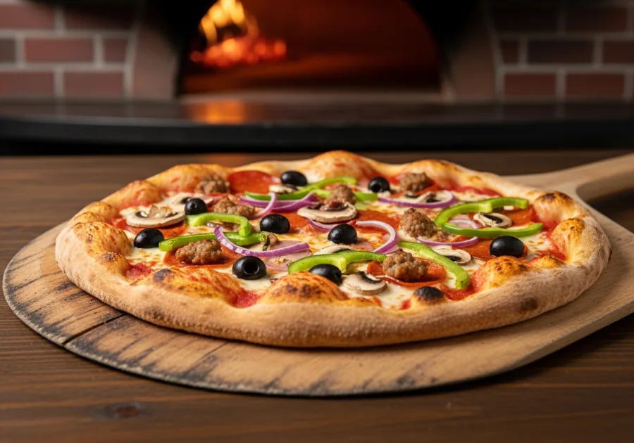 Supreme pizza, wood-fired at Pi-239 Pizza in Los Alamos, NM
